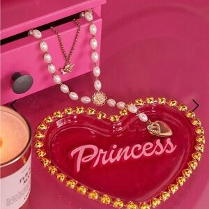 Pink Heart-Shaped Jewelry Tray with Gold Accents